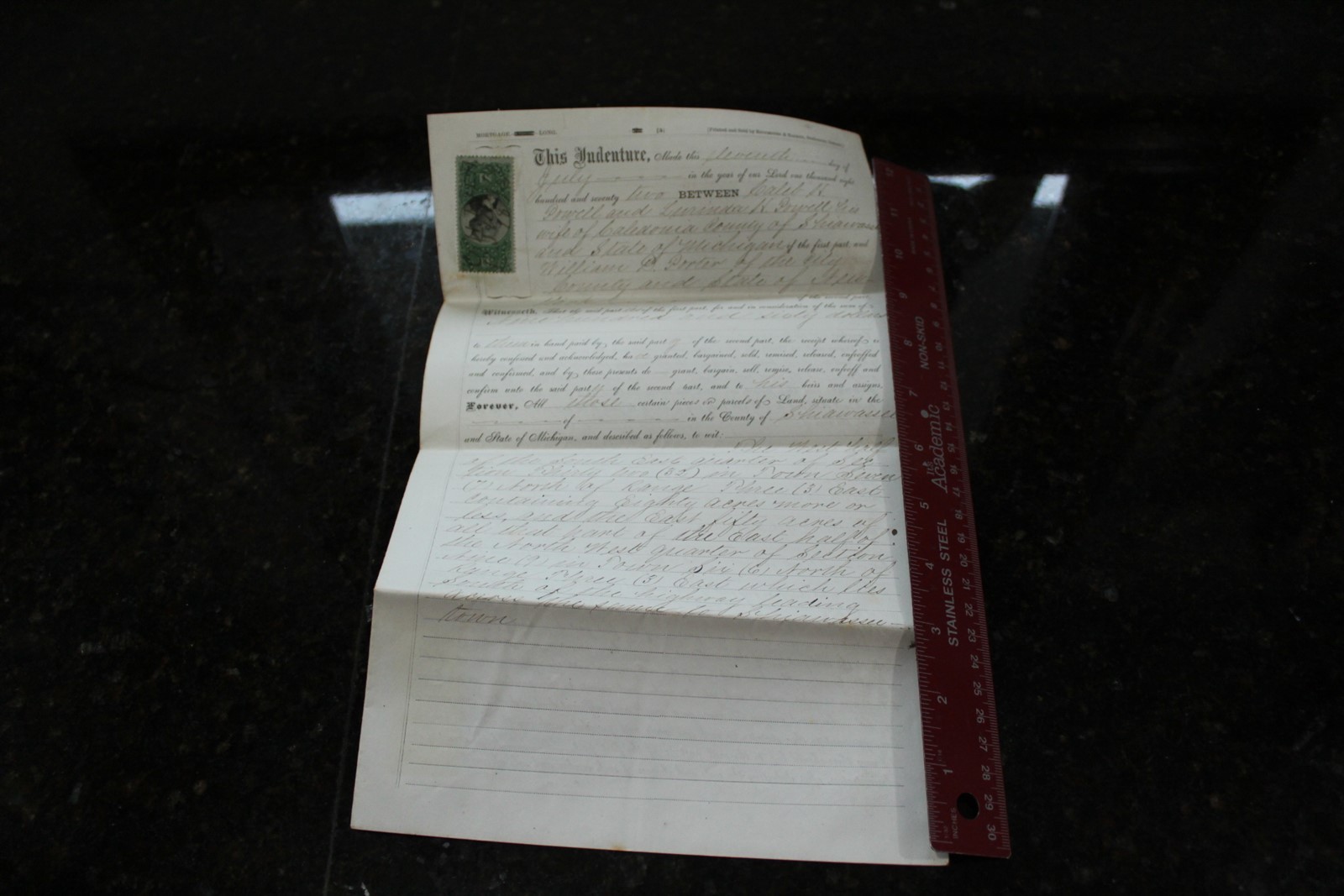 Antique Handwritten Indenture Mortgage 1872 With Hand Cancelled Dollar Tax Stamp