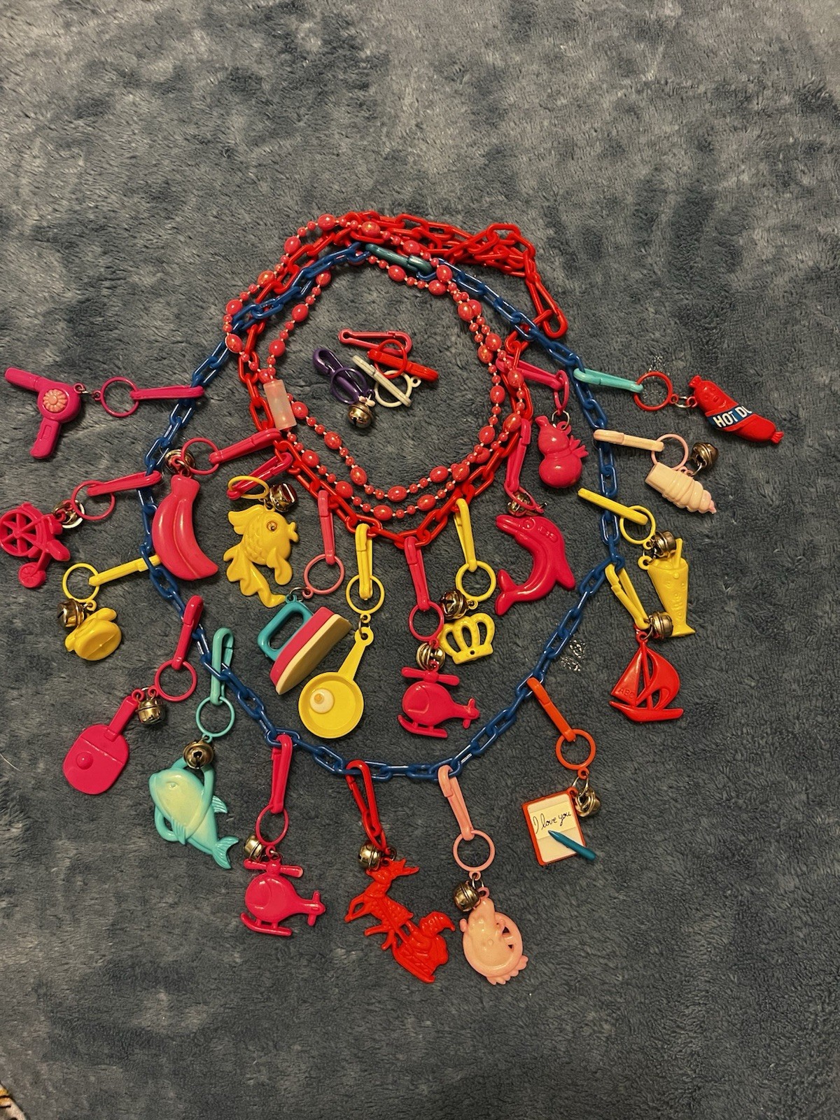 Vintage 1980s Plastic Bell Clip On Charm: 2 Necklaces, 25 + Charms