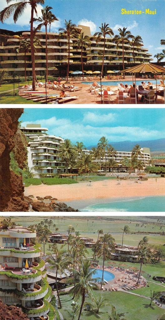 3~Postcards  Maui, HI Hawaii  SHERATON-MAUI HOTEL  Pool~Beach~Bird\'s Eye Views
