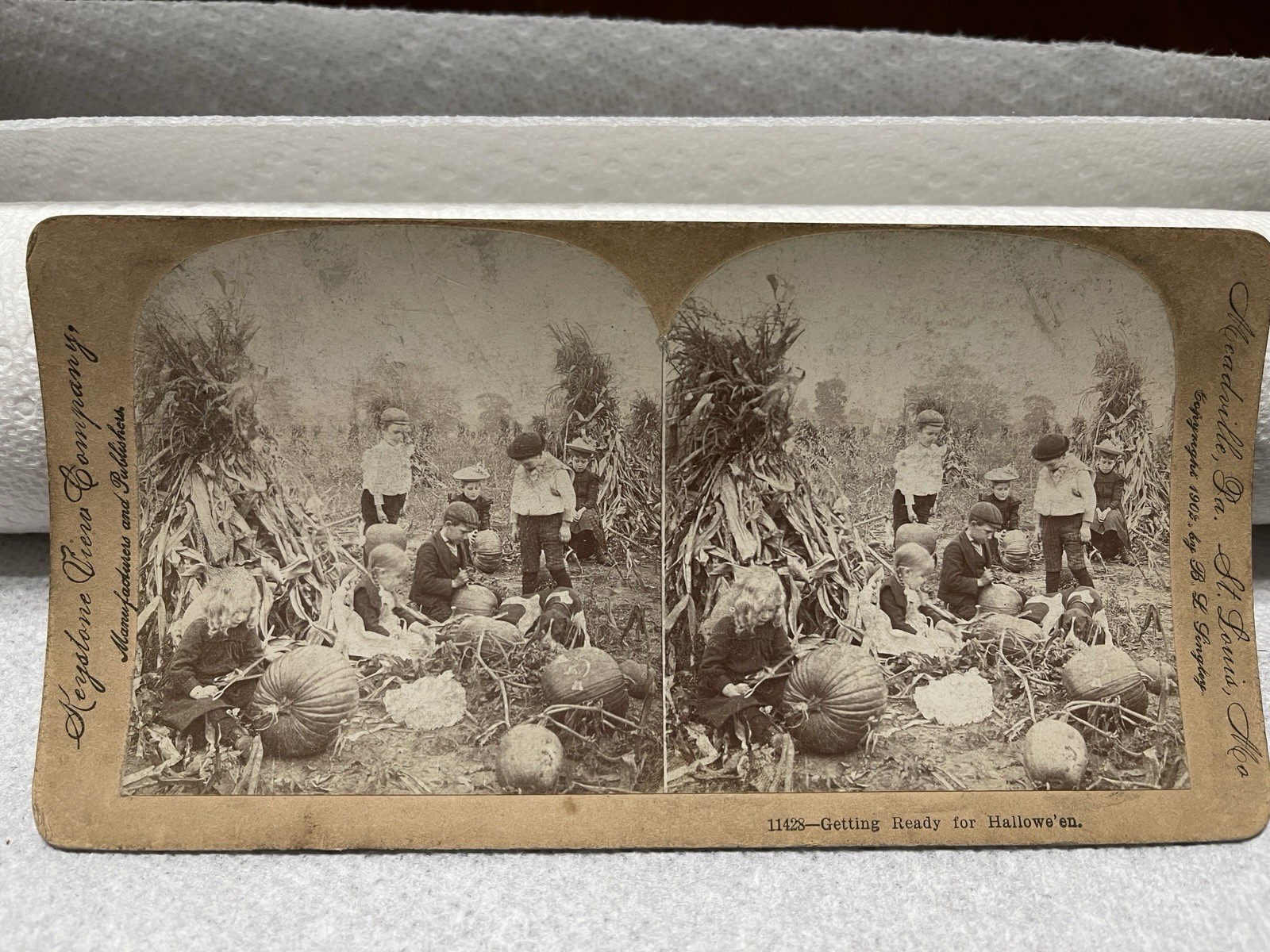 Vintage Stereoview Getting Ready For Halloween Carving Pumpkins Jack O Lantern