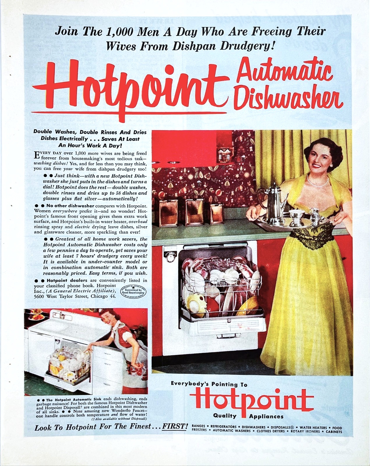 1951 Hotpoint Dishwasher Yellow Dress Retro Kitchen Housewife Vtg Mag Print Ad