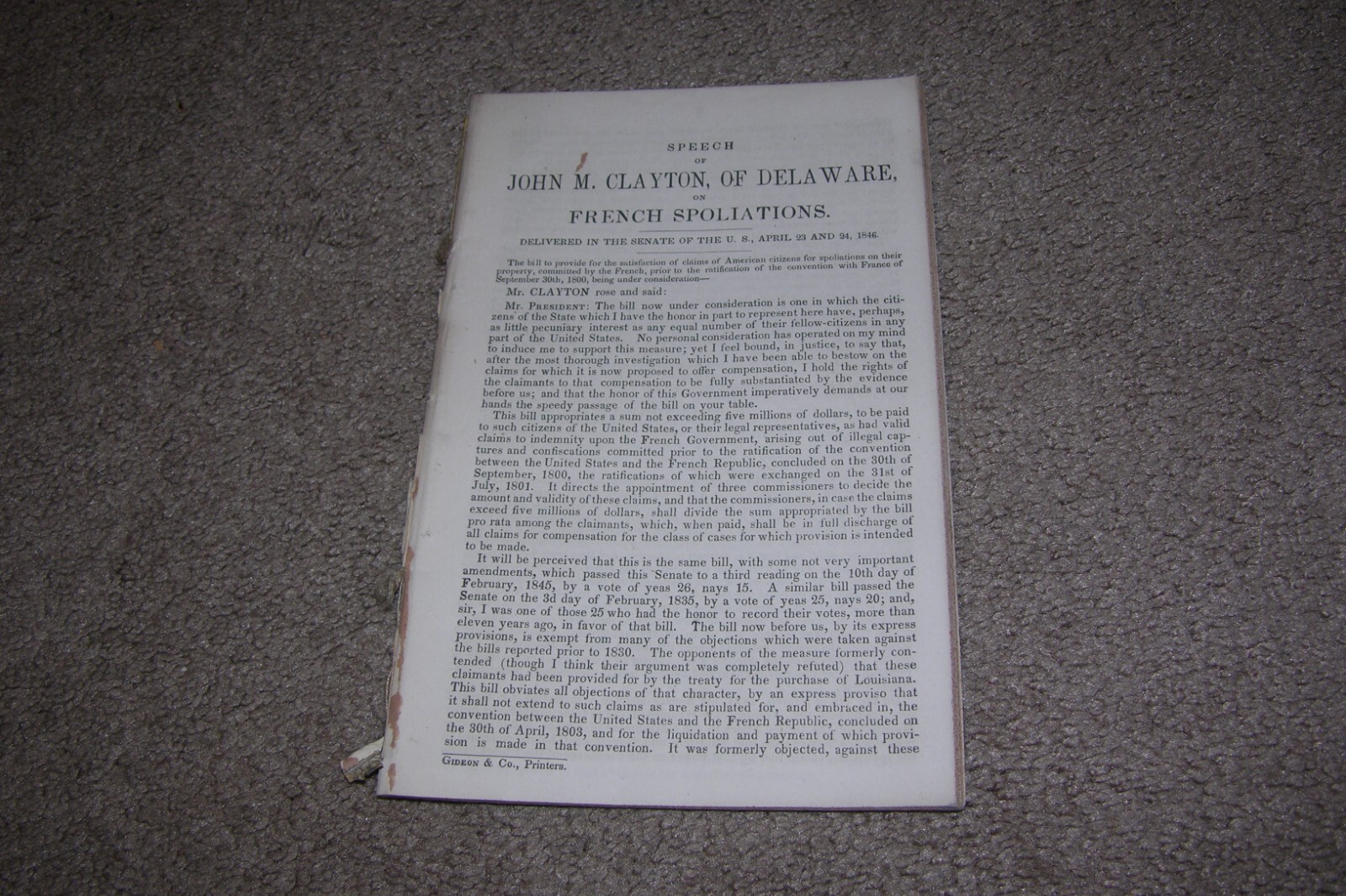 1846 Speech John M. Clayton of Delaware RE: French Spoliations Government Doc