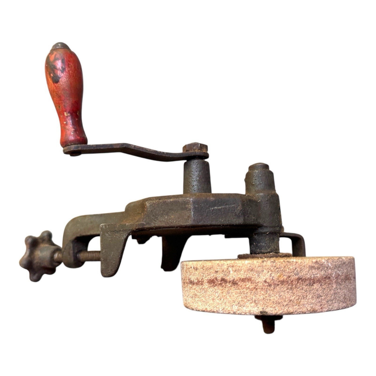Antique Hand Crank Bench Grinding Wheel Clamp Mount Sharpening Stone Tool