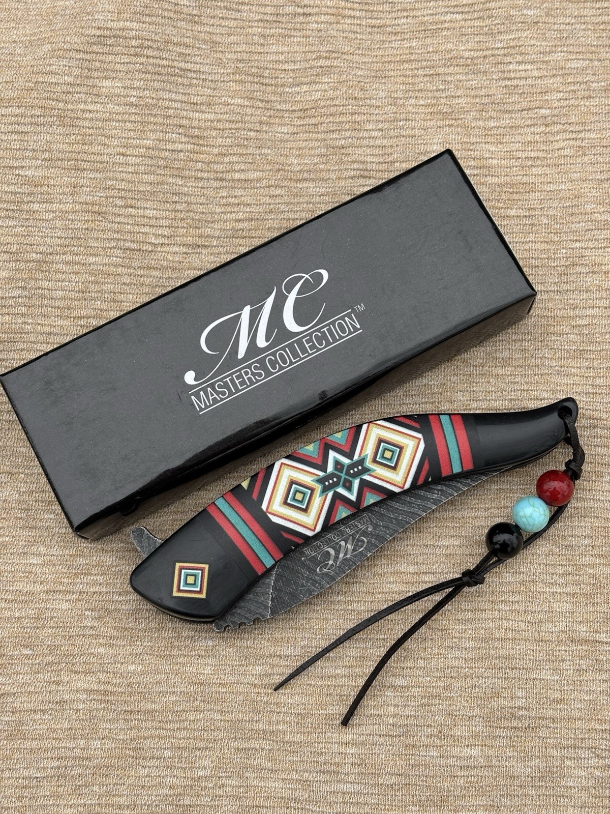 Western Style Pocket Knife Spring Assist Feather Navajo Black Lanyard