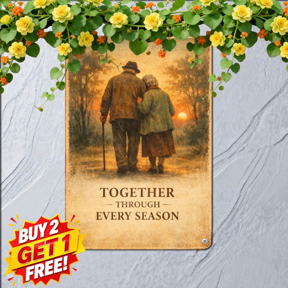 Romantic Elderly Couple Walking Hand In Hand Together Plaque Metal Tin Sign