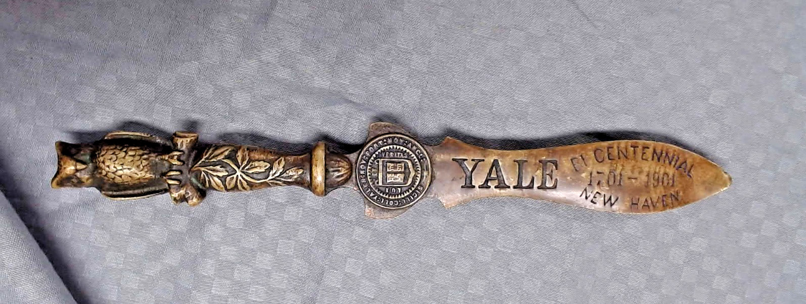 RARE Antique 1901 Yale University BICENTENNIAL Brass Letter Opener w/ Owl Top