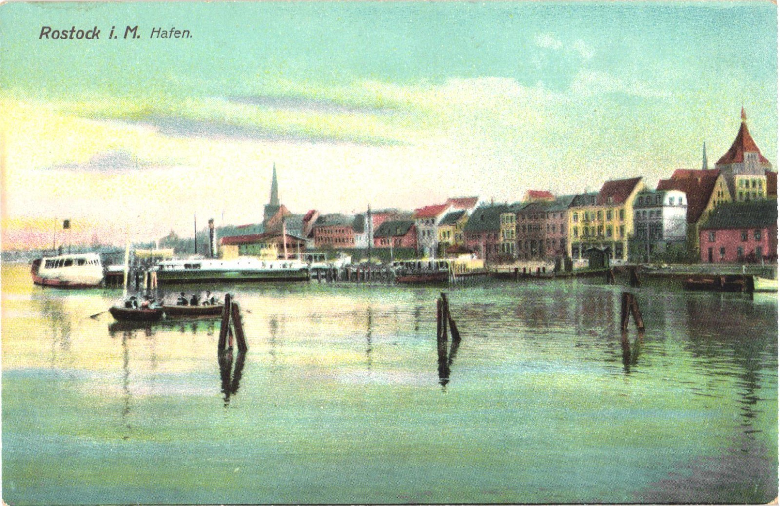 Rostock Germany Panorama of Harbor Boats and Barges Vintage Postcard