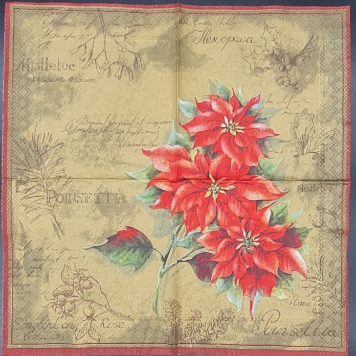TWO Individual Napkins Christmas Poinsettia Gold Cocktail for Decoupage (457)