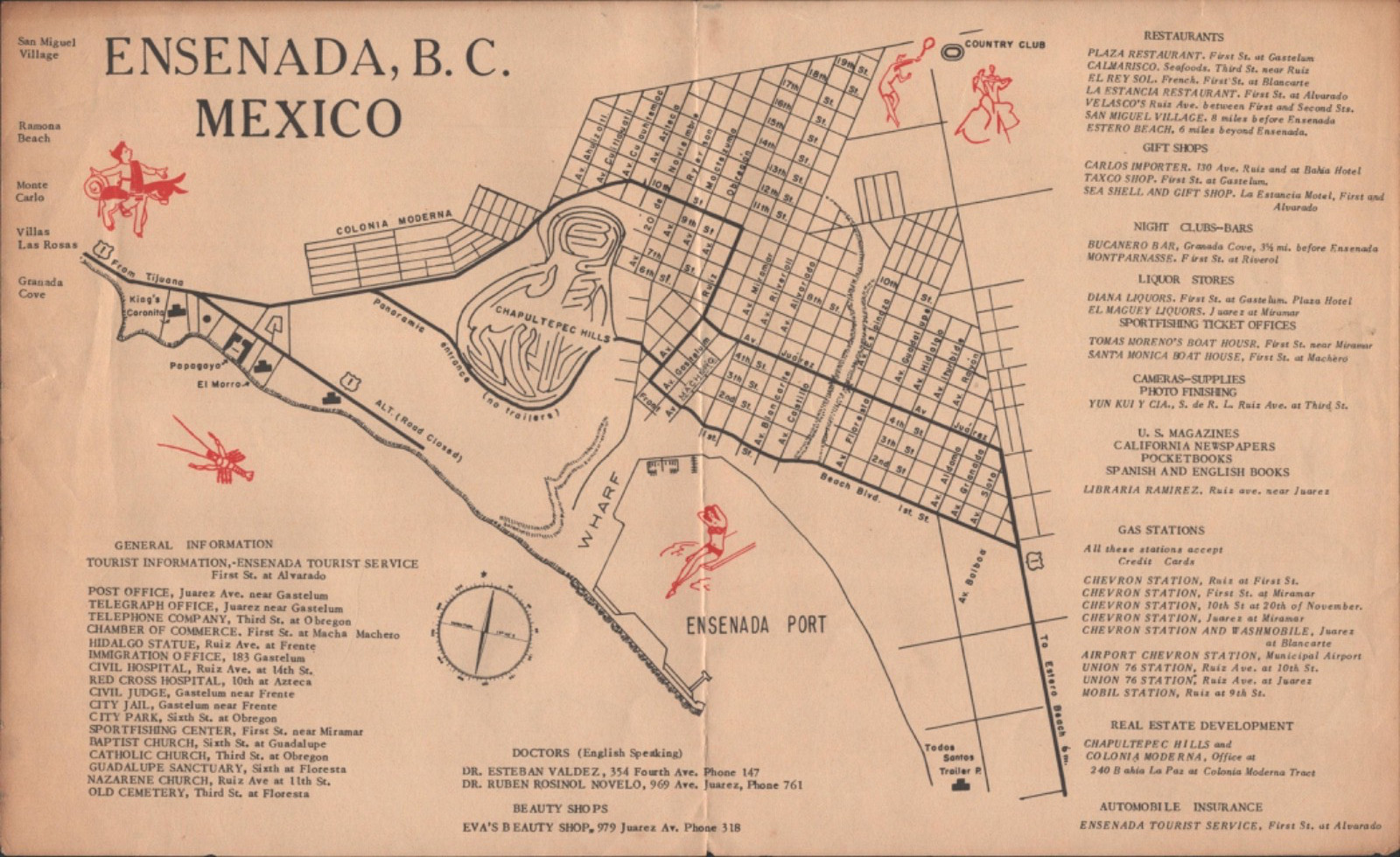 1960s ENSENADA, MEXICO vintage Mexican tourism resort brochure CITY & AREA MAPS