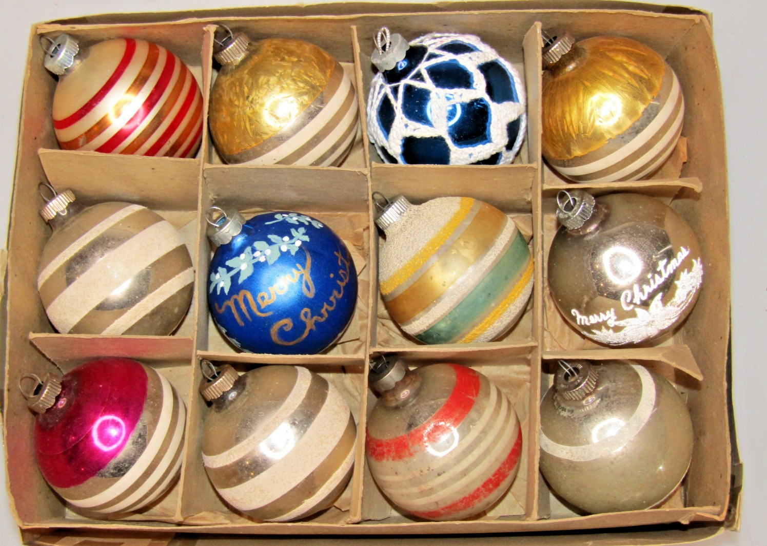 Lot VTG Glass Assorted Striped Pictured MERRY Mica BALL Christmas Ornaments USA