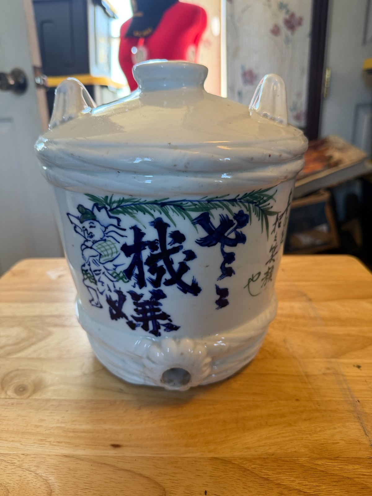 Large Japanese Glazed Antique Ceramic Sake Wine Barrel Jug Keg No.19 w Art NICE
