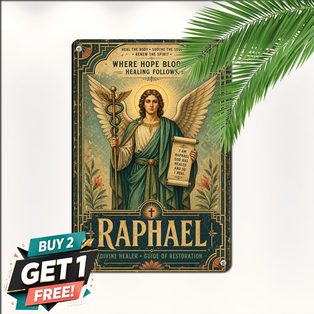 Archangel Raphael Divine Healer Metal Tin Sign Christian Wall Decor Plaque