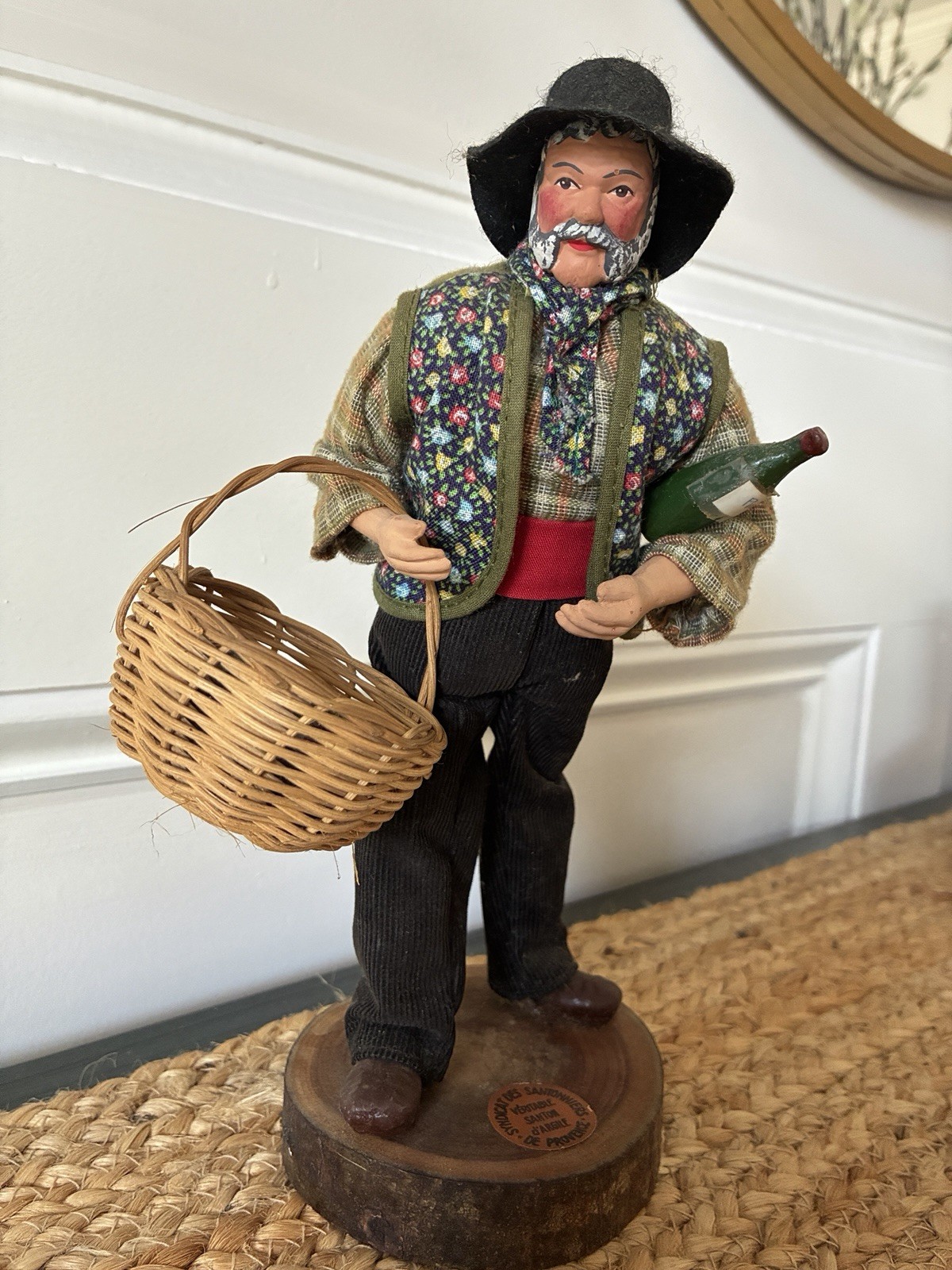 Vintage French Santons Sylvette Amy Collectible Clay Doll Man w/ Basket & Bottle