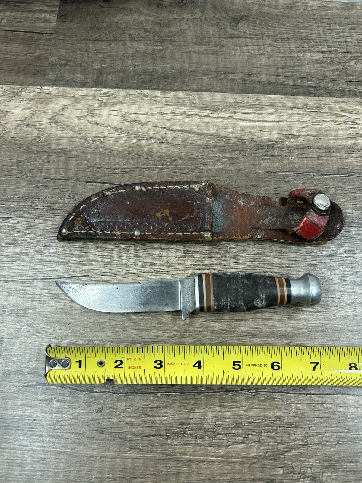 Vintage Rare KINFOLKS USA Fixed Blade Knife ~ Leather Handle+Original Sheath