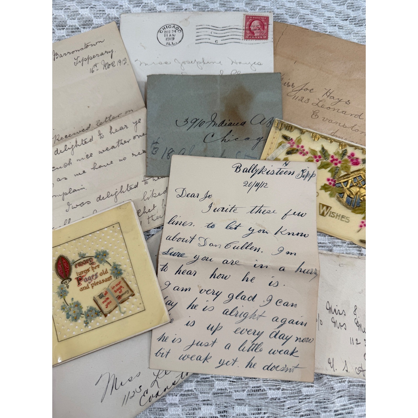 Antique Ephemera Lot 1912 Irish Letters 1919 Postmarks Embossed Greeting Cards