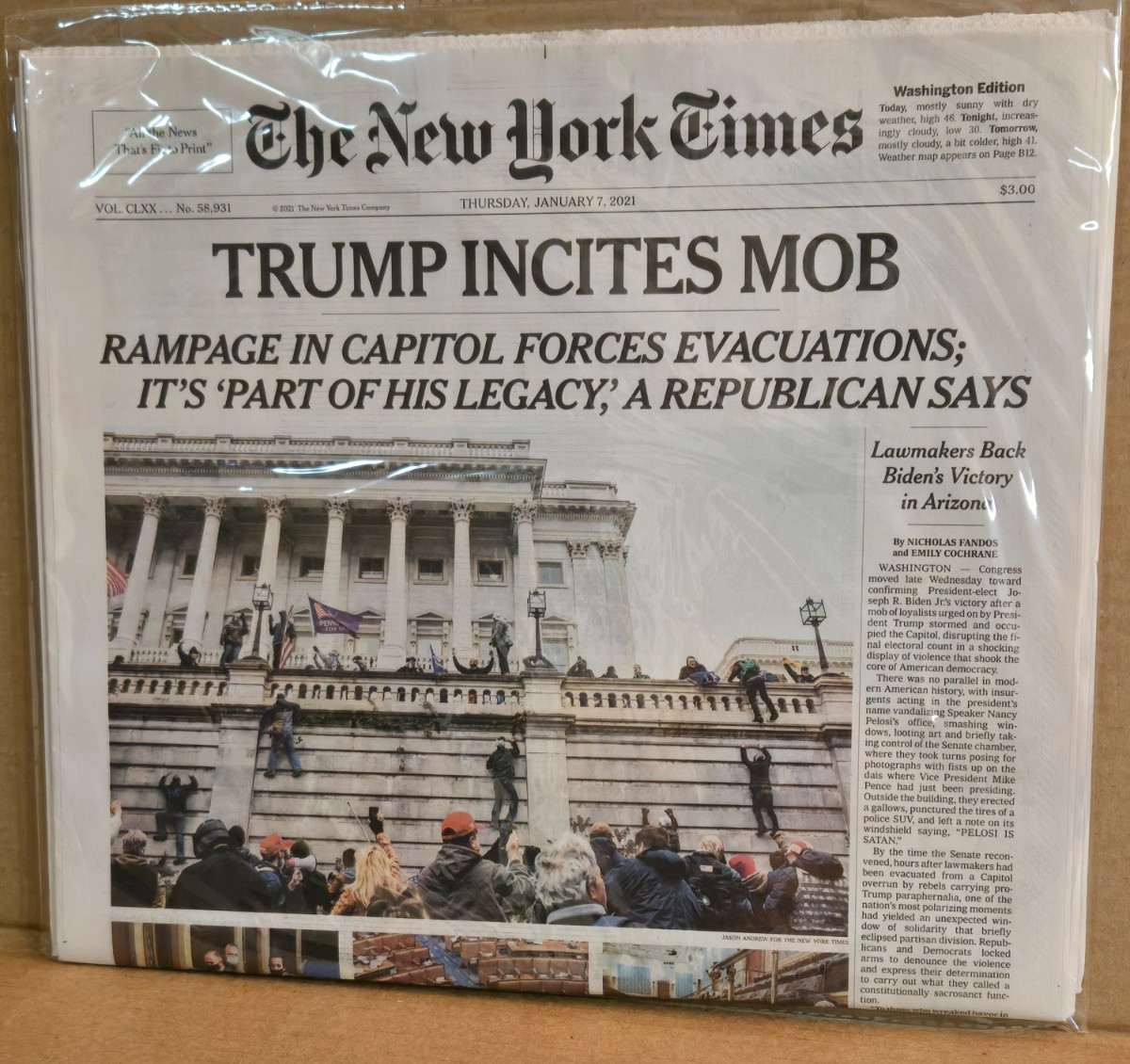 The New York Times January 7 2021 TRUMP INCITES MOB Newspaper  NEW