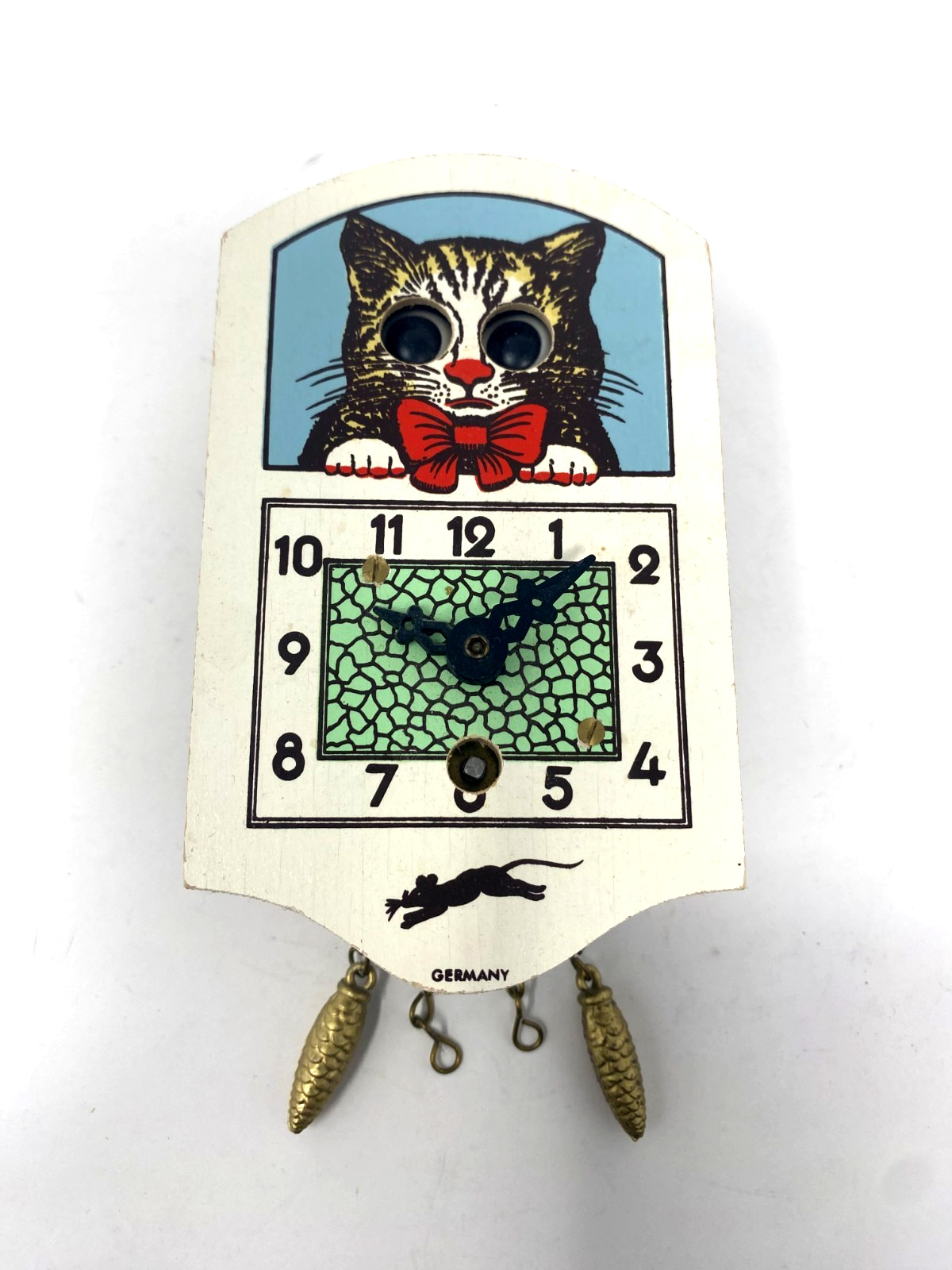 Vtg MCM German Mini Cat Wall Clock Moving Eyes Wind Up J Engstler Working