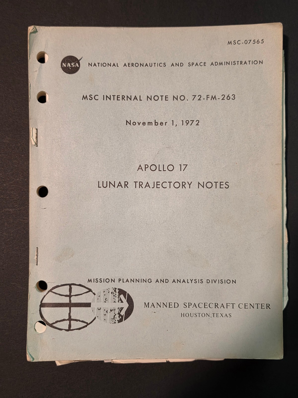 NASA Apollo 17 Lunar Trajectory Notes 1972 Original MSC Internal Note 72-FM-263