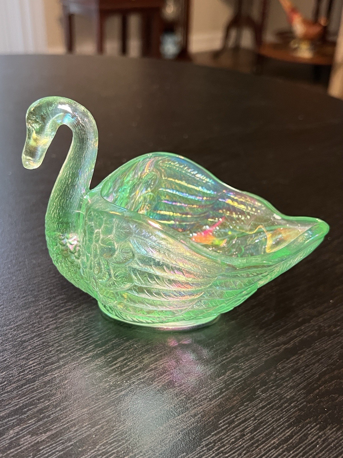 GLOWS Imperial Glass Seafoam Green Iridescent Uranium Glass Swan Dish Figurine