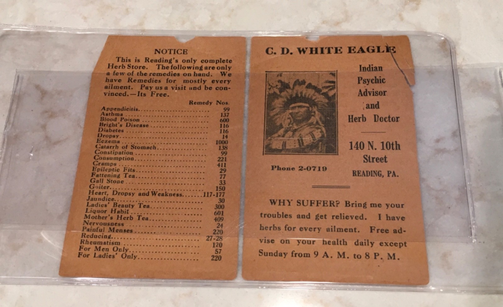 VINTAGE 1931 DR WHITE EAGLE AD—READING, PA-INDIAN PSYCHIC, HERB DR, ASTROLOGER