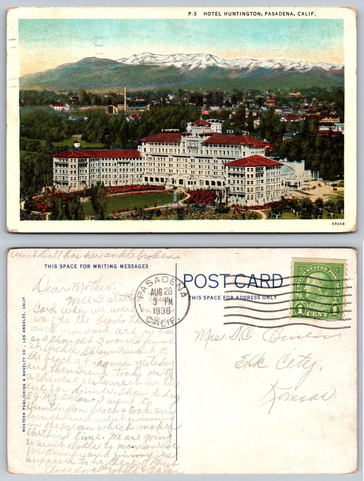 1936 Hotel Huntington Pasadena California Vintage Postcard Mountains