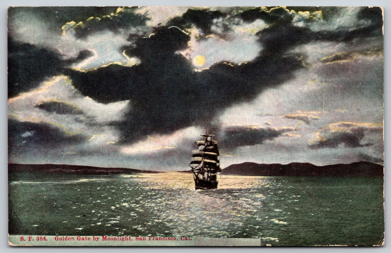 Golden Gate San Francisco California Moonlight Sailing Ship Postcard PC398