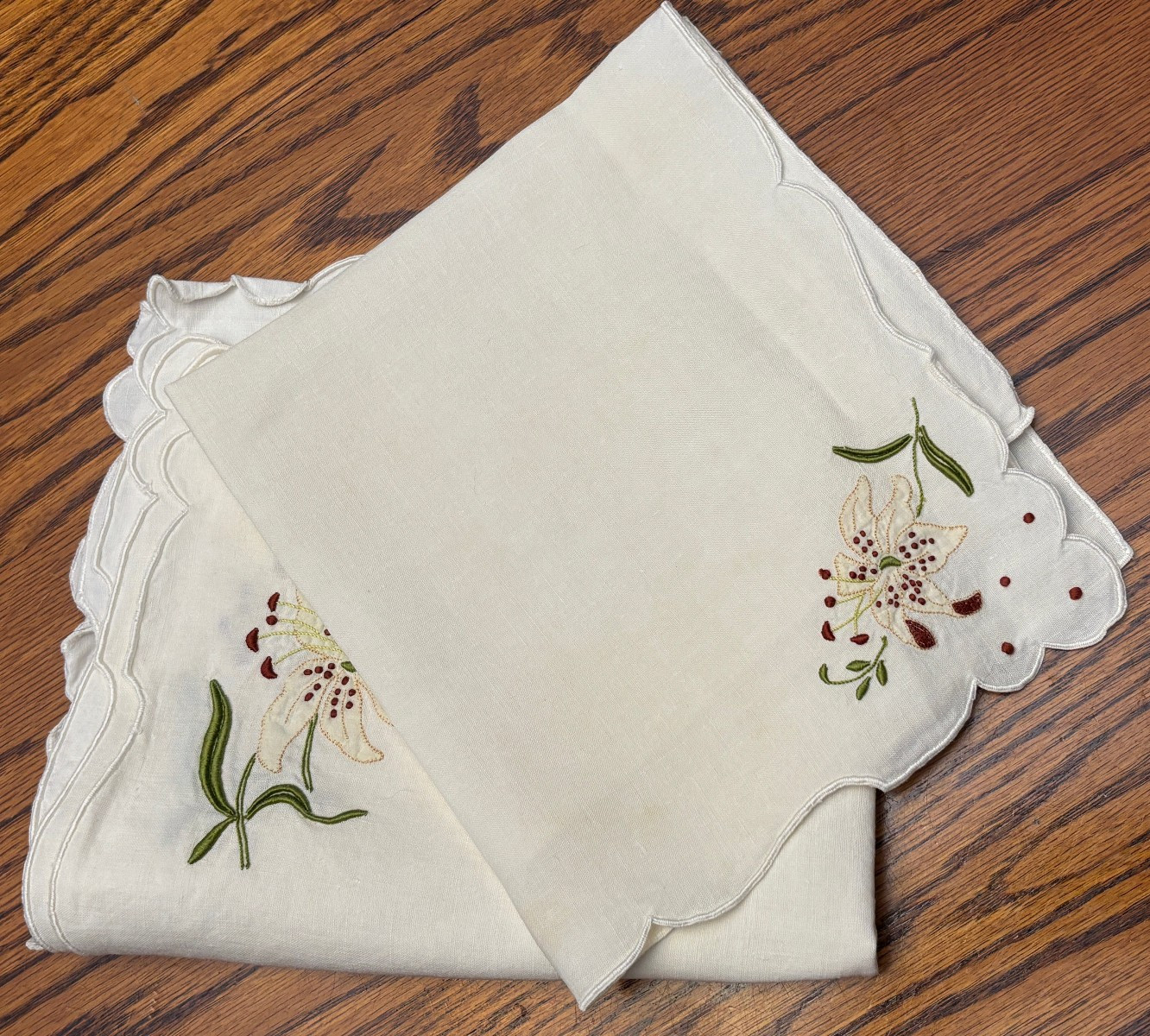 Vintage Hand Embroidered Cotton Placemats-3 & Napkins-1, Embro White Lilies