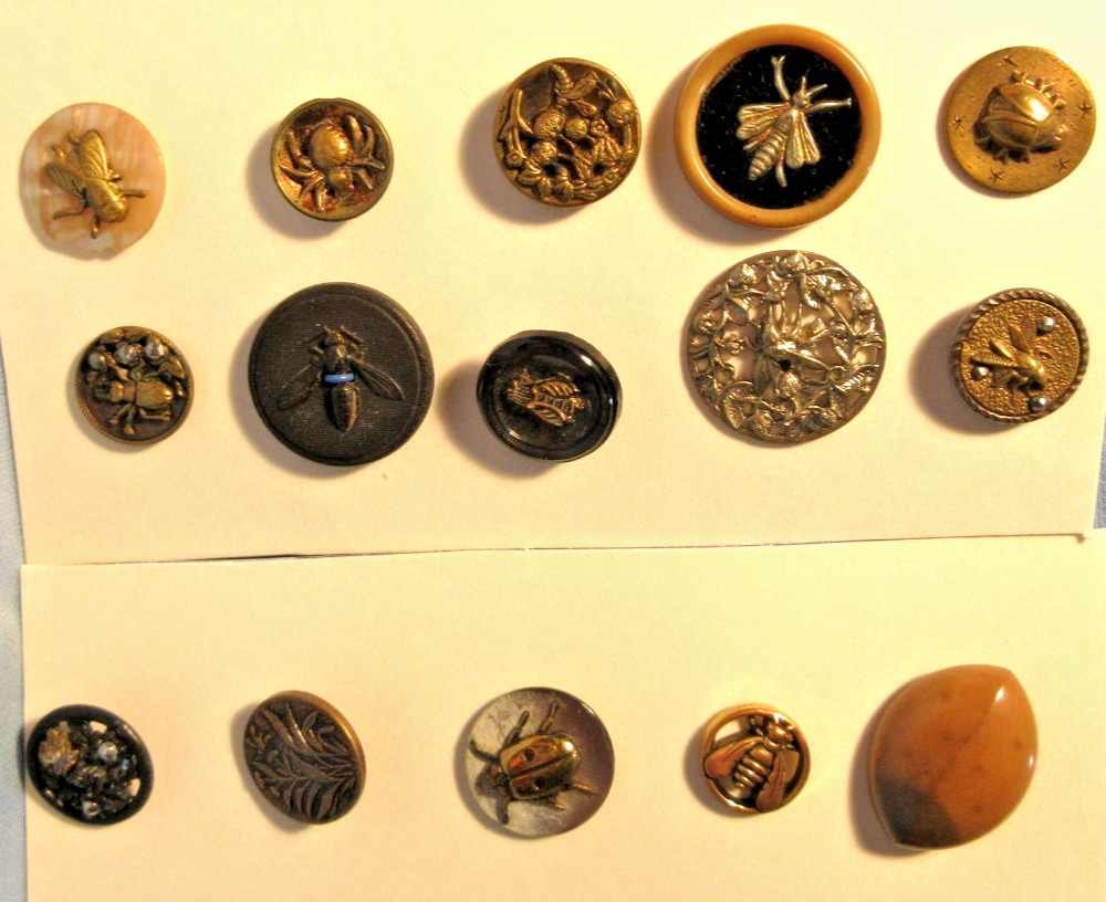 Rare INSECT BUG Button 15pc Lot ~ Mixed * MOP * Brass * Copper * Marcasite