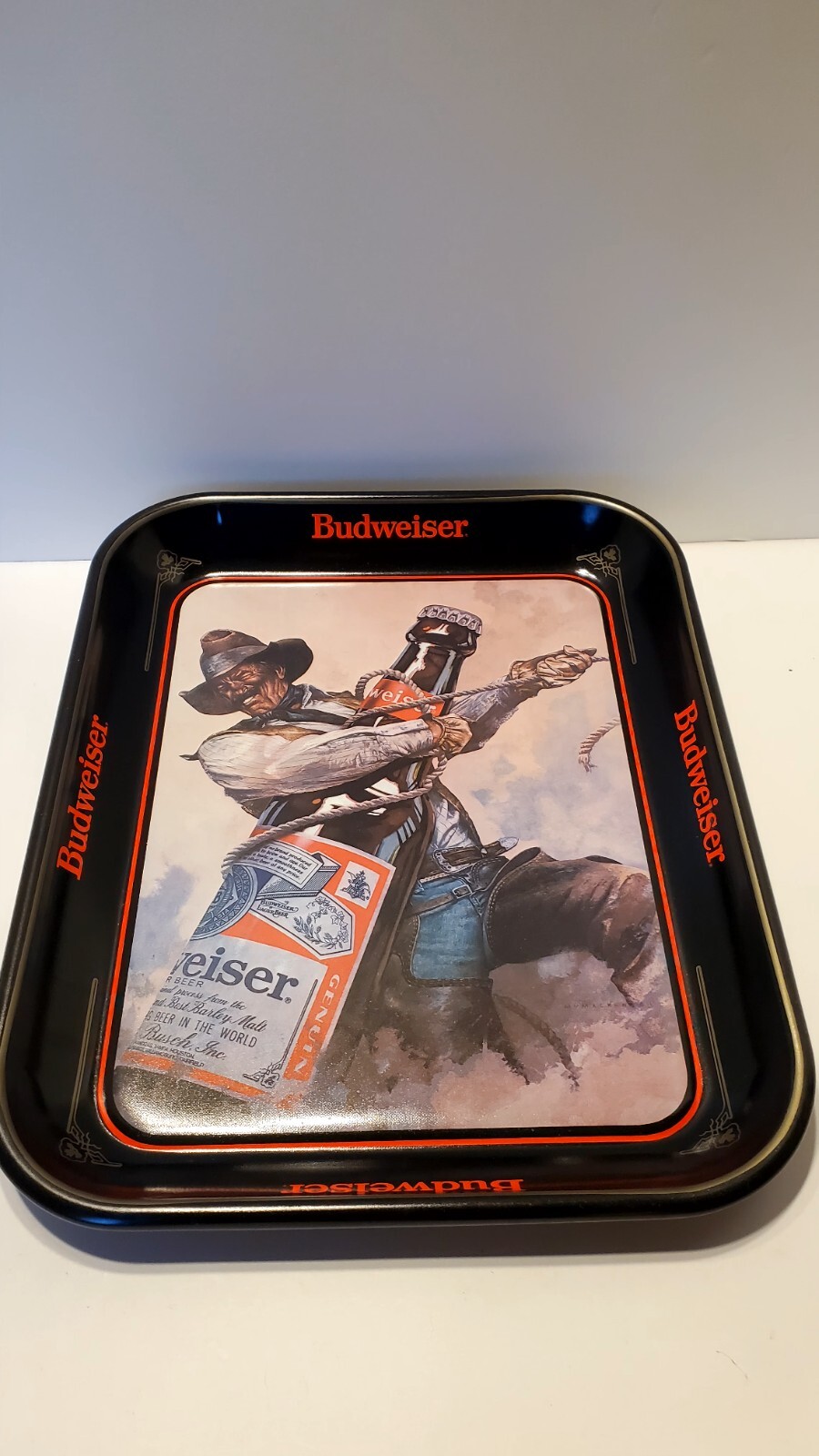 Vintage 1980s Budweiser King of Beers Cowboy Roping A Beer Bottle Metal Tray Nos