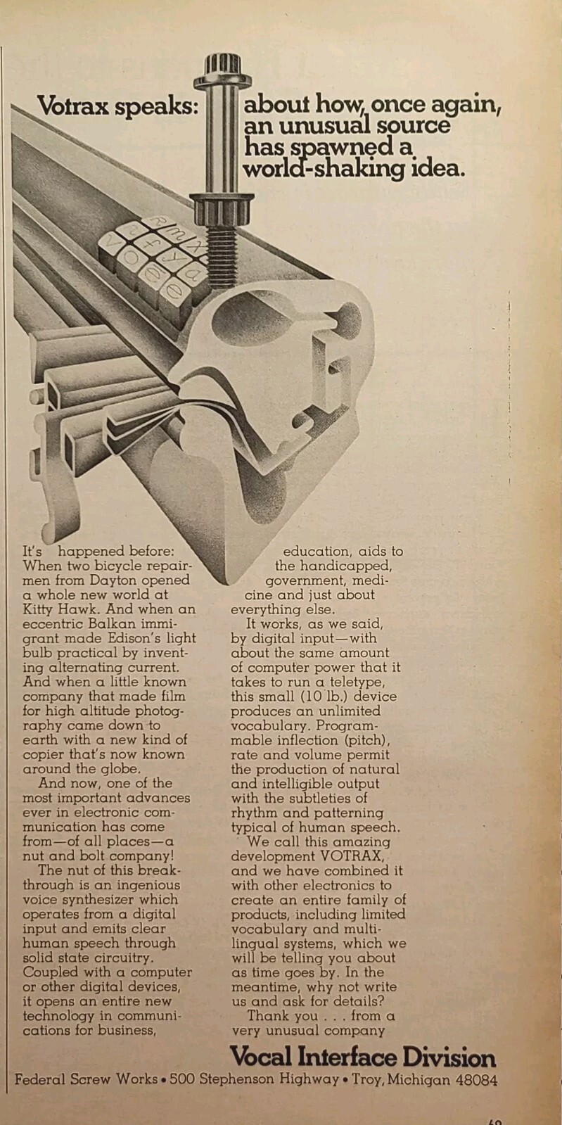Votrax Troy MI Electronic Digital Voice Speech Synthesizer Vintage Print Ad 1975