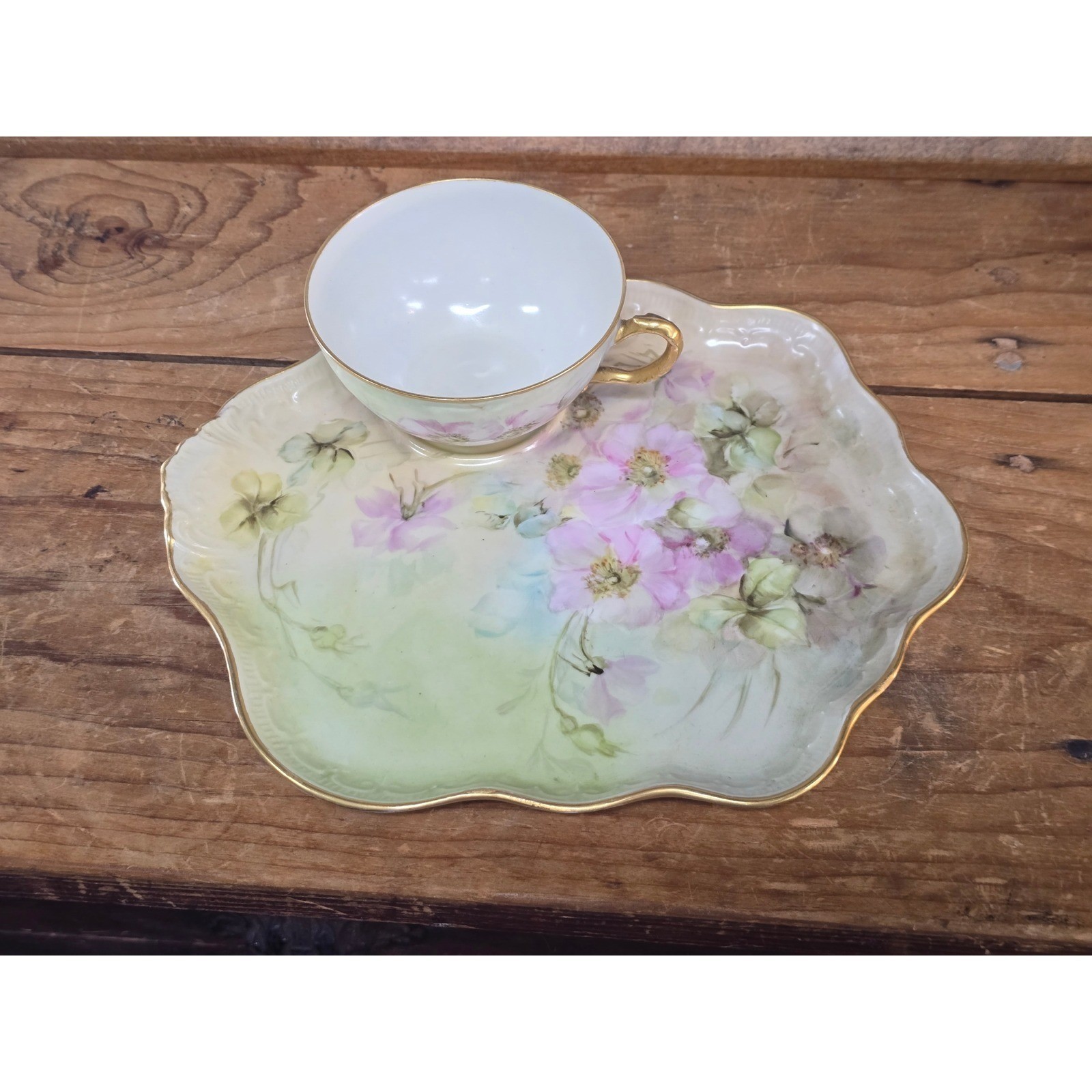 Antique JPL Limoges France Hand Painted Floral Tea Cup and Snack Tray Set 1932
