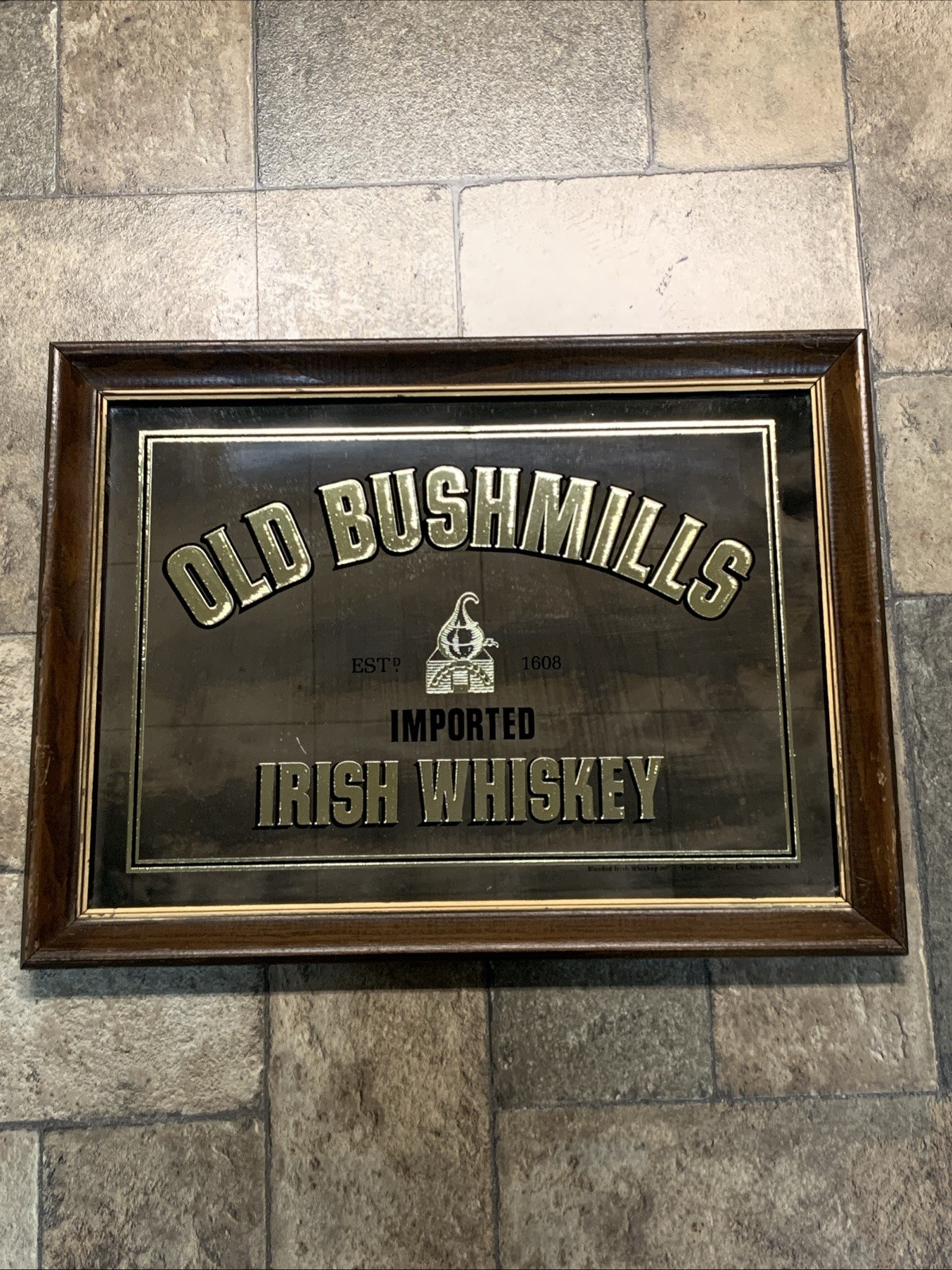 Vintage Old Bushmills Irish Whiskey Mirror w/ Wooden Framed 15