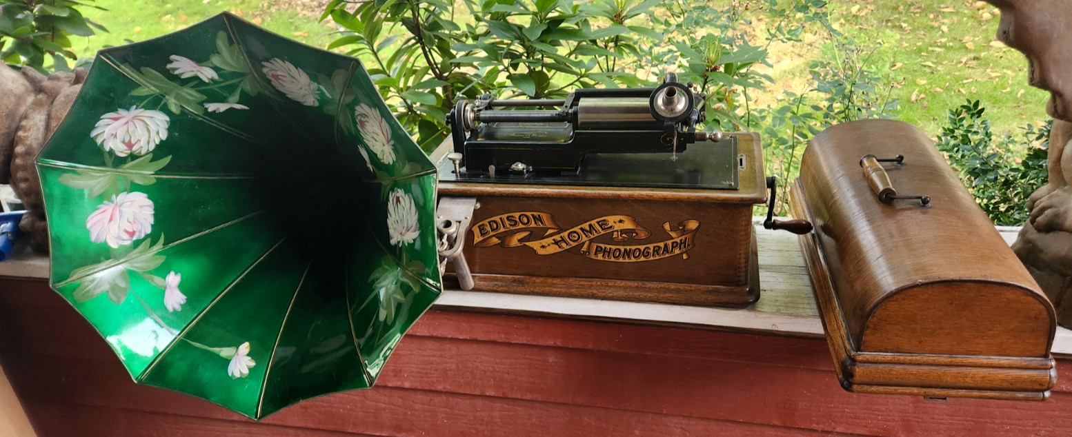 EDISON CYLINDER PHONOGRAPH Model H W/Floral Morning Glory Horn WORKS