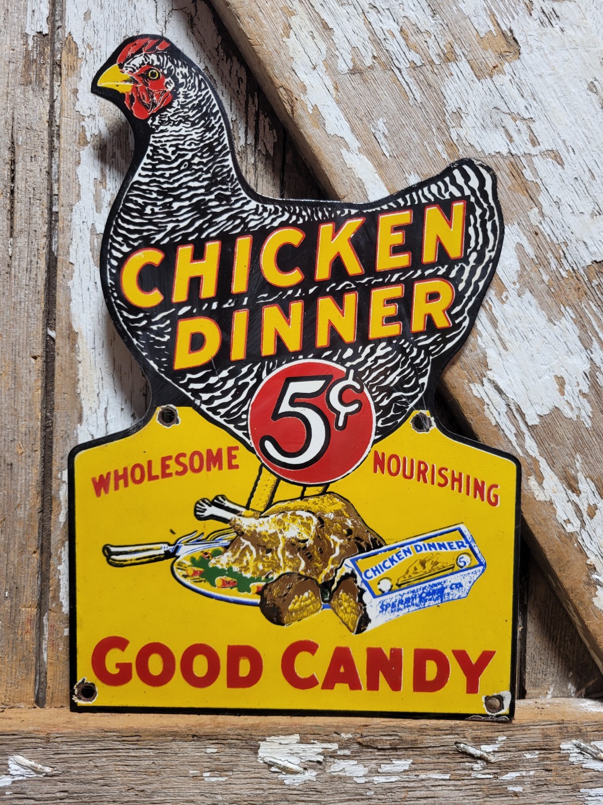 VINTAGE CHICKEN DINNER PORCELAIN SIGN RARE OLD CANDY FARM ROOSTER FOOD STORE 12\