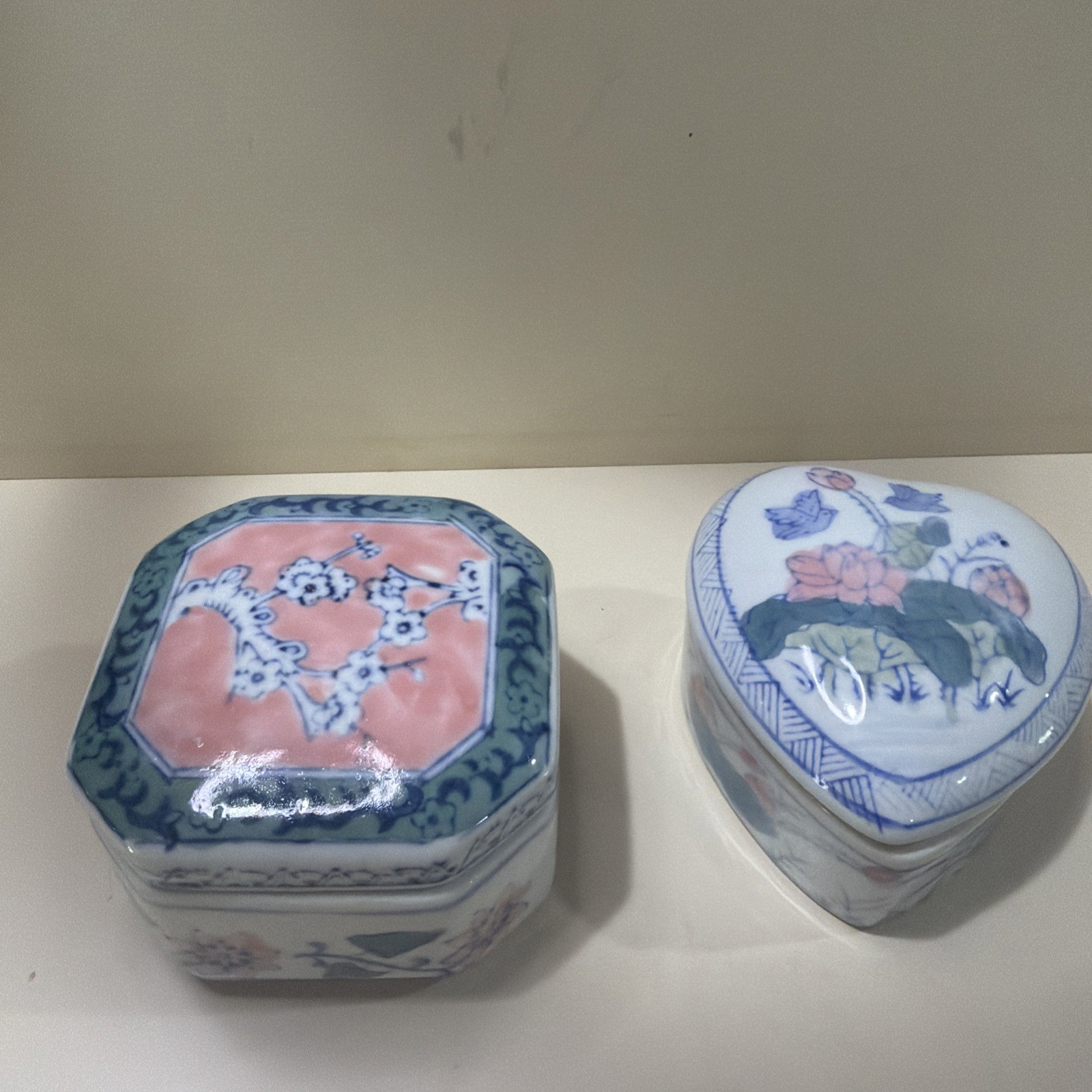 Set of 2 Vintage Chinese Export Lidded Trinket Jars Pink Green Lotus Blue Stamp