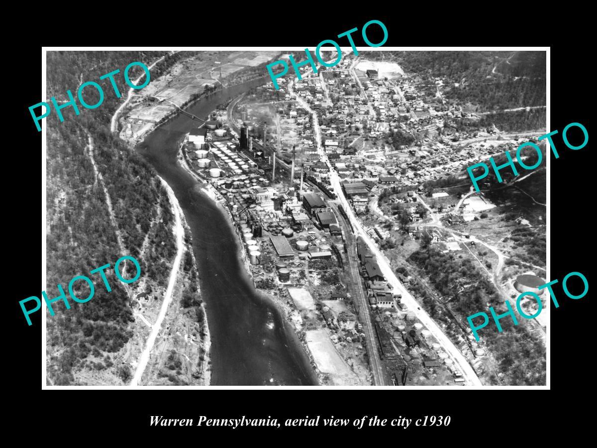 OLD LARGE HISTORIC PHOTO OF WARREN PENNSYLVANIA AERIAL VIEW OF THE CITY c1930