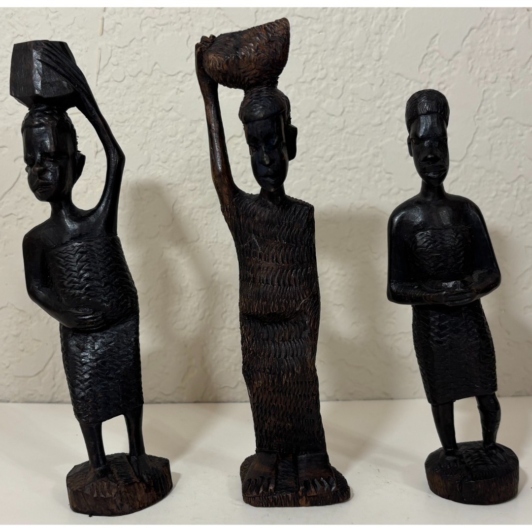 Vintage African Hand Carved Wooden Statue Set of 3 Ebony Figures Holding Baskets