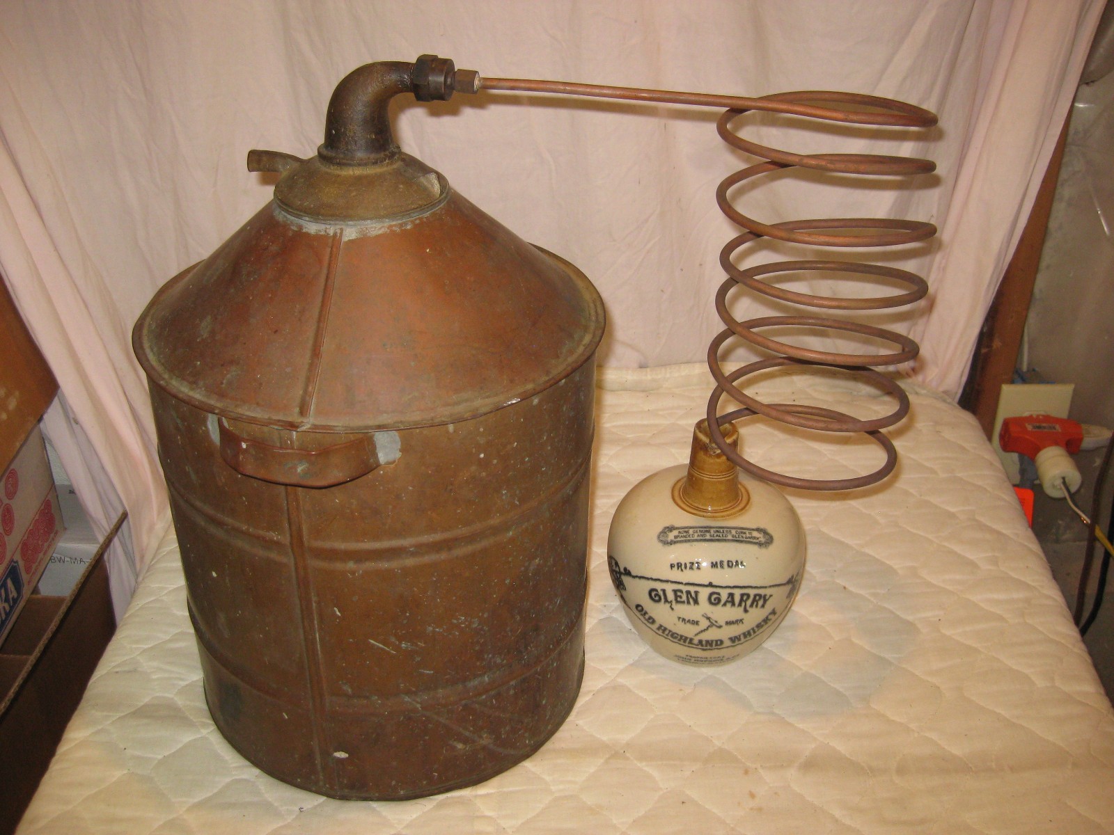 AMAZING  Antique Copper 4-5 GALLON  Moonshine Still w/Coil + RARE GLASCOW JUG 