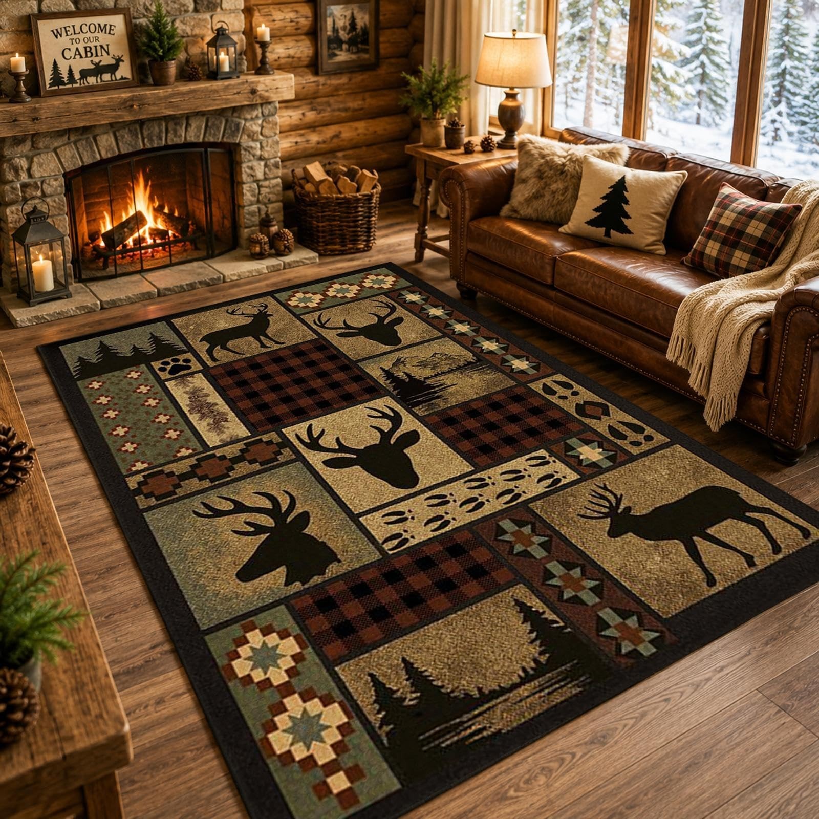 Deer Rug, 3x5 ft Rustic Lodge Cabin Carpet with Buffalo Plaid Wildlife Design... Deer Rug, 3x5 ft Rustic Lodge Cabin Carpet with Buffalo Plaid Wildlife Design...