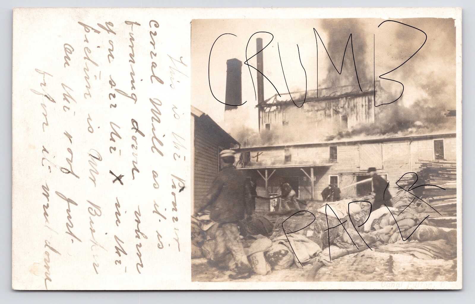 Mill Fire Man on Roof Disaster Canal Fulton Ohio OH c1900s RPPC Postcard