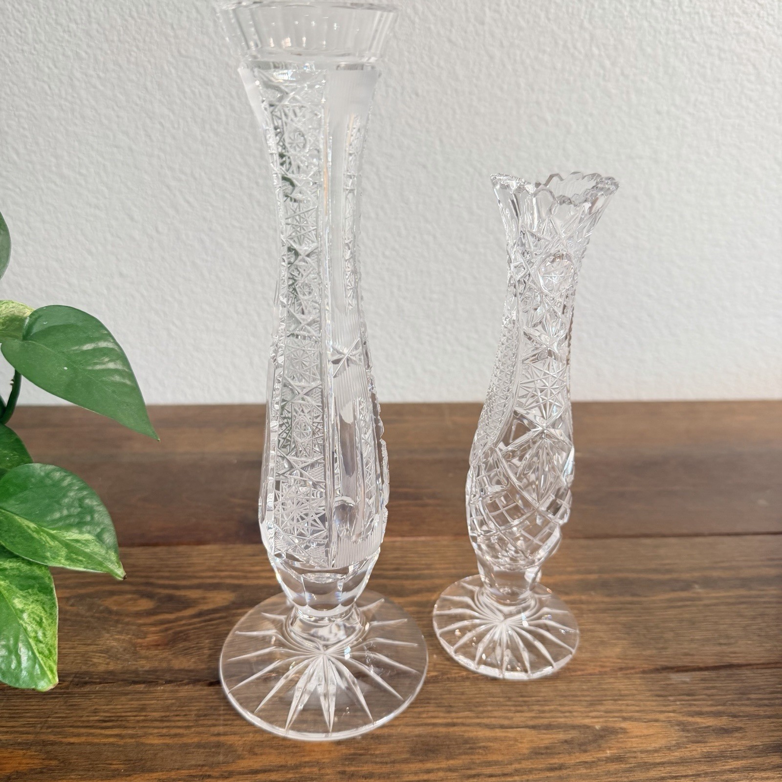 Vintage Bohemia Hand Cut Crystal Floral Etching Vase Fluted Set Of 2
