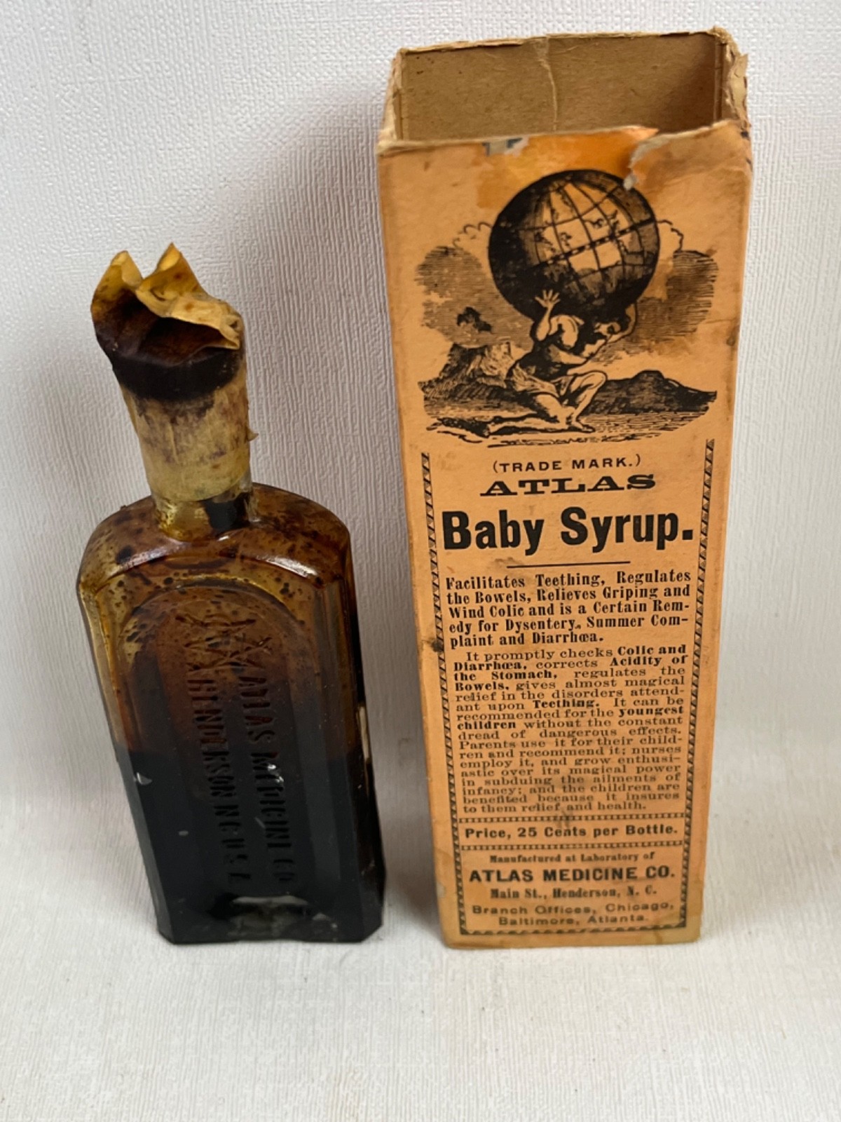 Antique Labeled & Embossed Atlas Baby Syrup Bottle \