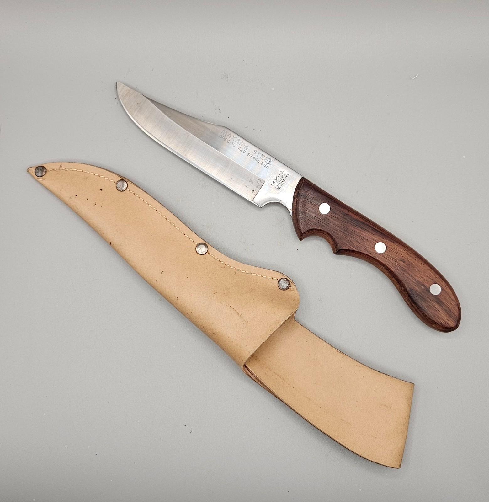 Vintage Maxam Steel MX-1 stainless fixed blade Hunting knife w/ Sheath Japan