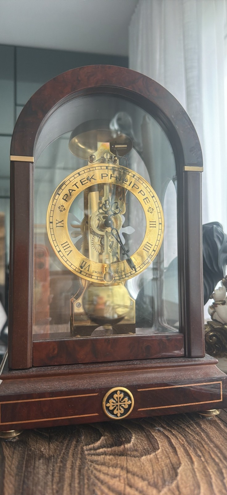 Patek Philippe - Arch Mantel Clock Wood Glass Brown/ Gold Mechanical Wind-Up Key