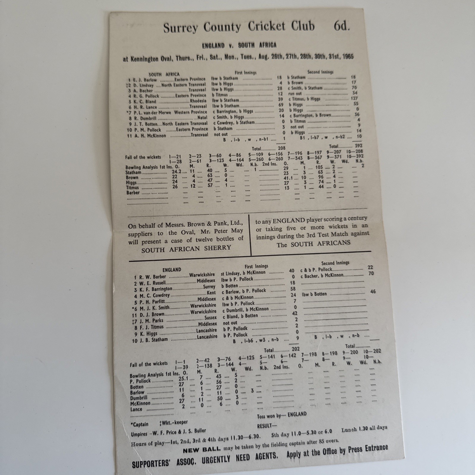 England v South Africa - Official Scorecard - Oval Test Match 26-31 August 1965