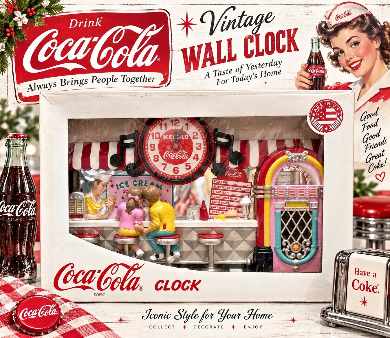 Vintage Coca-Cola 3-D Diner Wall Clock Ice Cream Soda Fountain Jukebox NIB