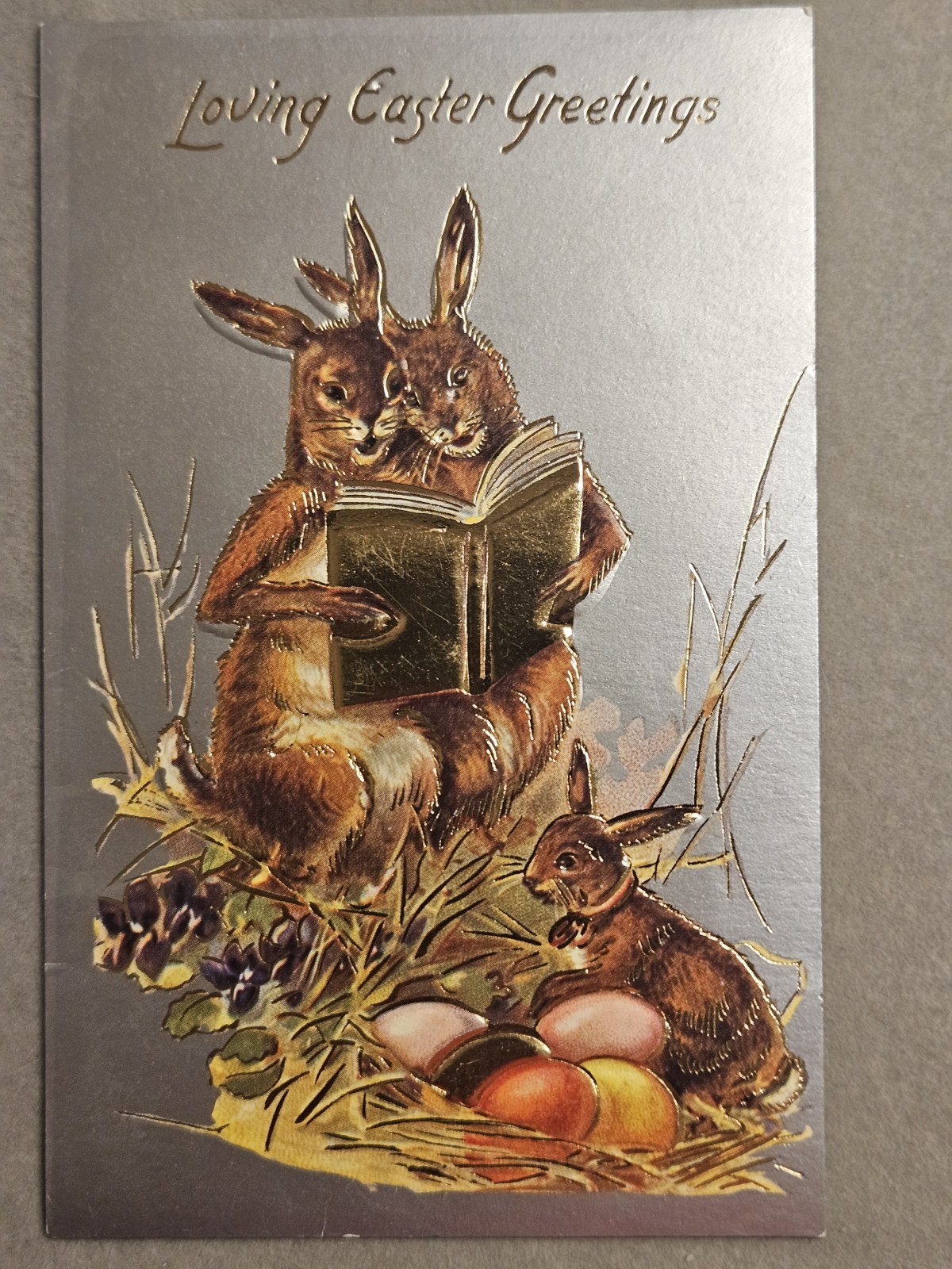 Embossed Metallic Easter Postcard Anthropomorphic Rabbits UNP DB