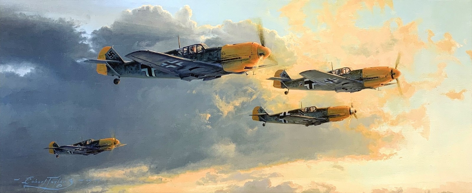 Dawn Eagles Rising by Robert Taylor art print autographed by 3 Luftwaffe Aces