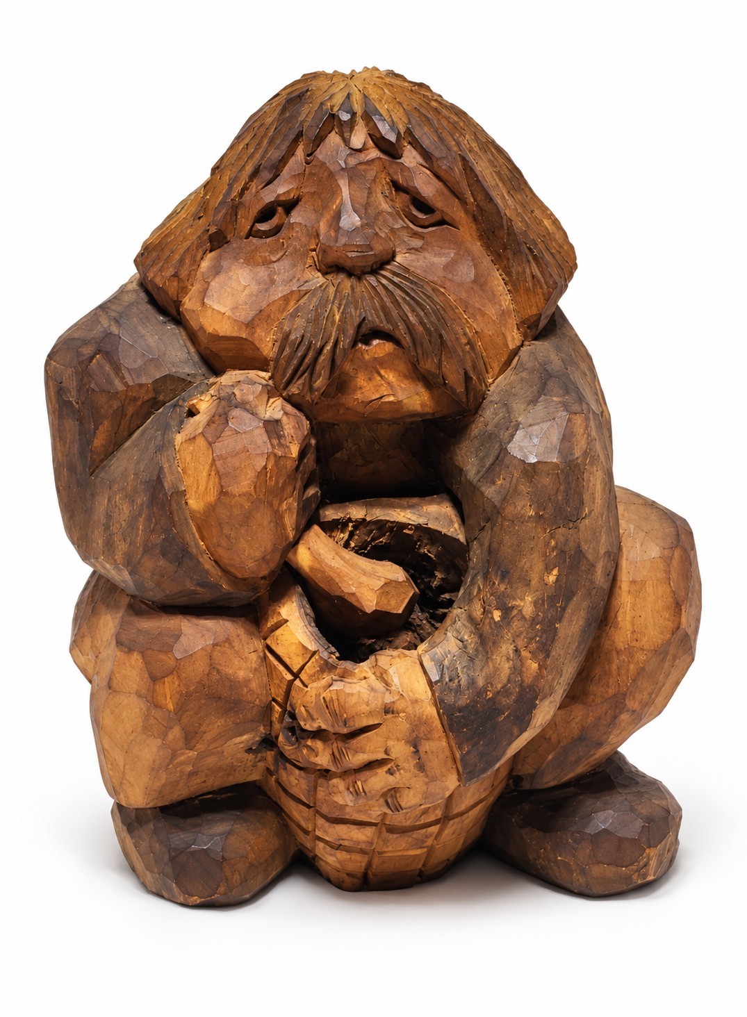 Vtg Hand Carved Wood Man w Barrel Churn Folk Art Stump Sculpture 12” Mustache