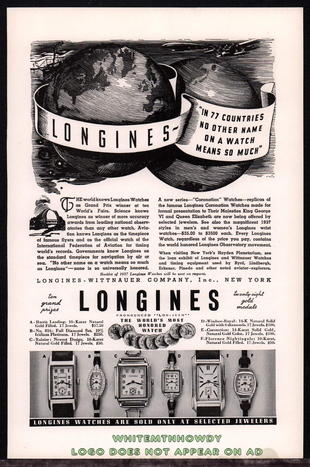 1937 LONGINES-WITTNAUER Men's & Ladies Wrist Watch Antique AD w/original prices